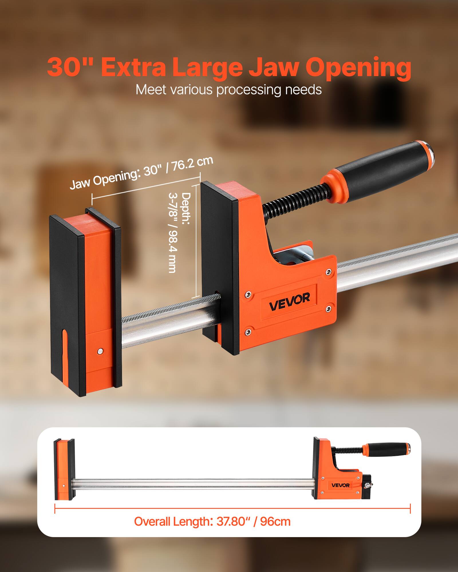 30" Extra Large Jaw Opening  
Meet various processing needs  

Jaw Opening: 30" / 76.2 cm  
Depth: 3-7/8" / 98.4 mm  

Overall Length: 37.80" / 96 cm