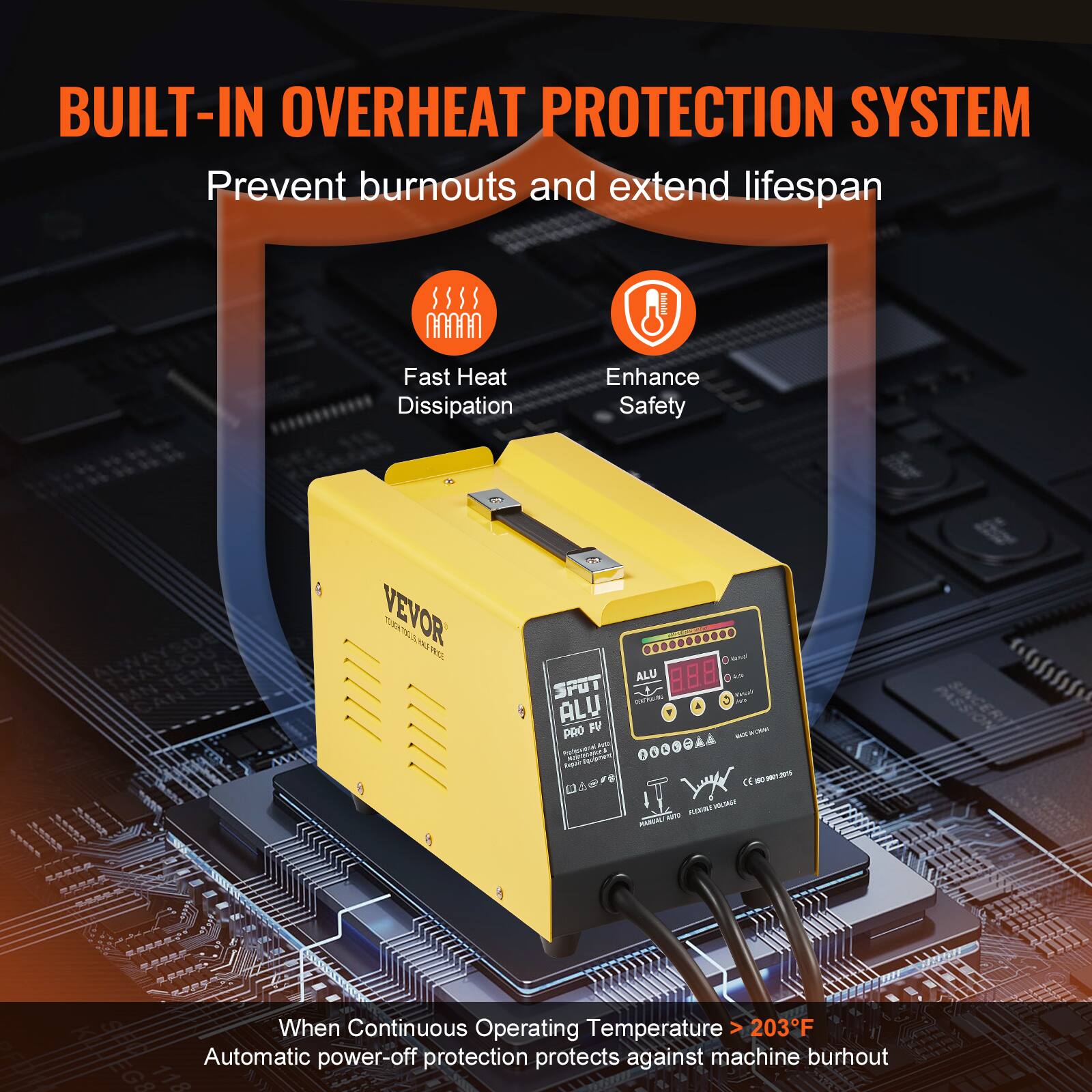 BUILT-IN OVERHEAT PROTECTION SYSTEM  
Prevent burnouts and extend lifespan  

Fast Heat Dissipation  
Enhance Safety  

When Continuous Operating Temperature > 203°F  
Automatic power-off protection protects against machine burnout