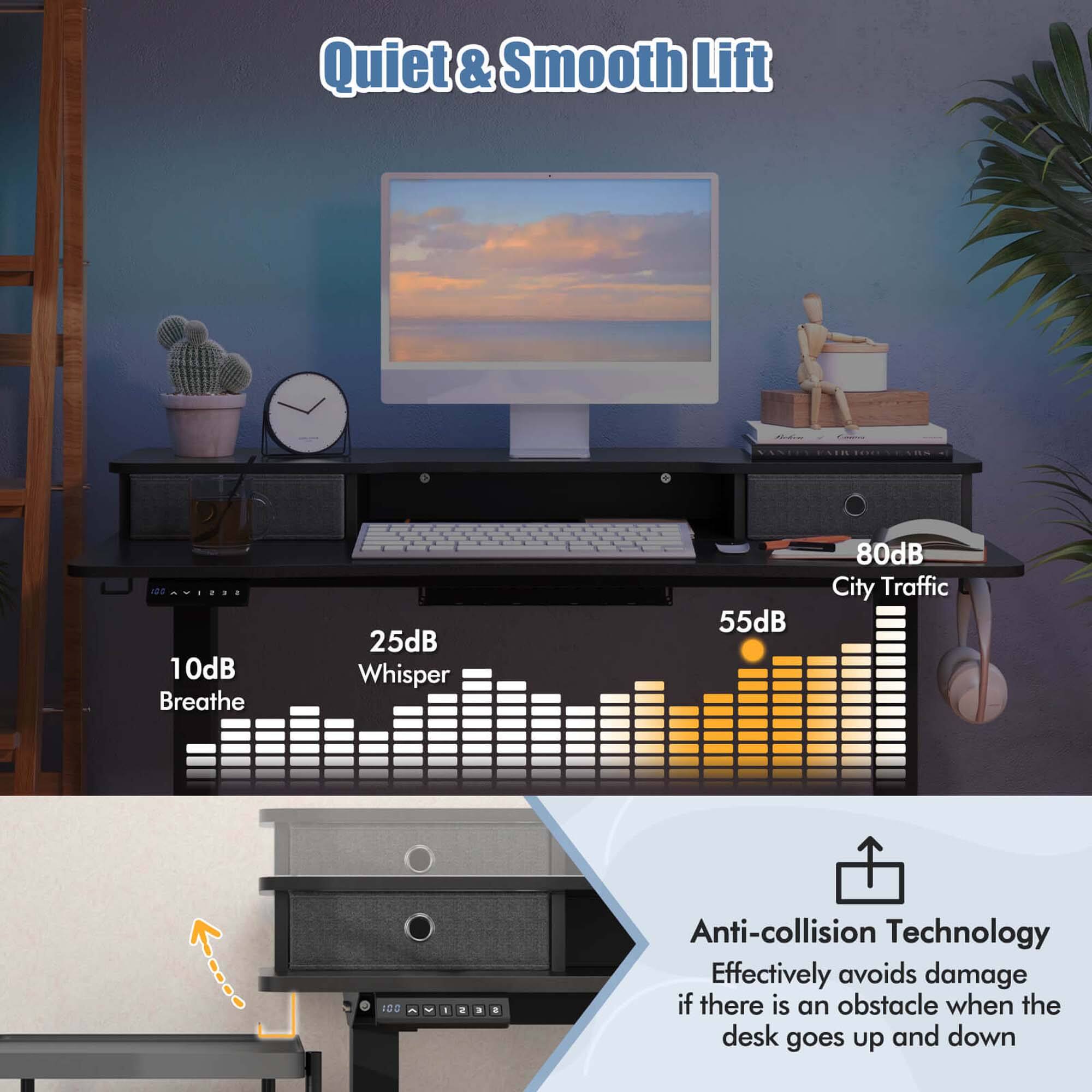 Quiet & Smooth Lift

10dB Breathe  
25dB Whisper  
55dB  
80dB City Traffic

Anti-collision Technology  
Effectively avoids damage if there is an obstacle when the desk goes up and down