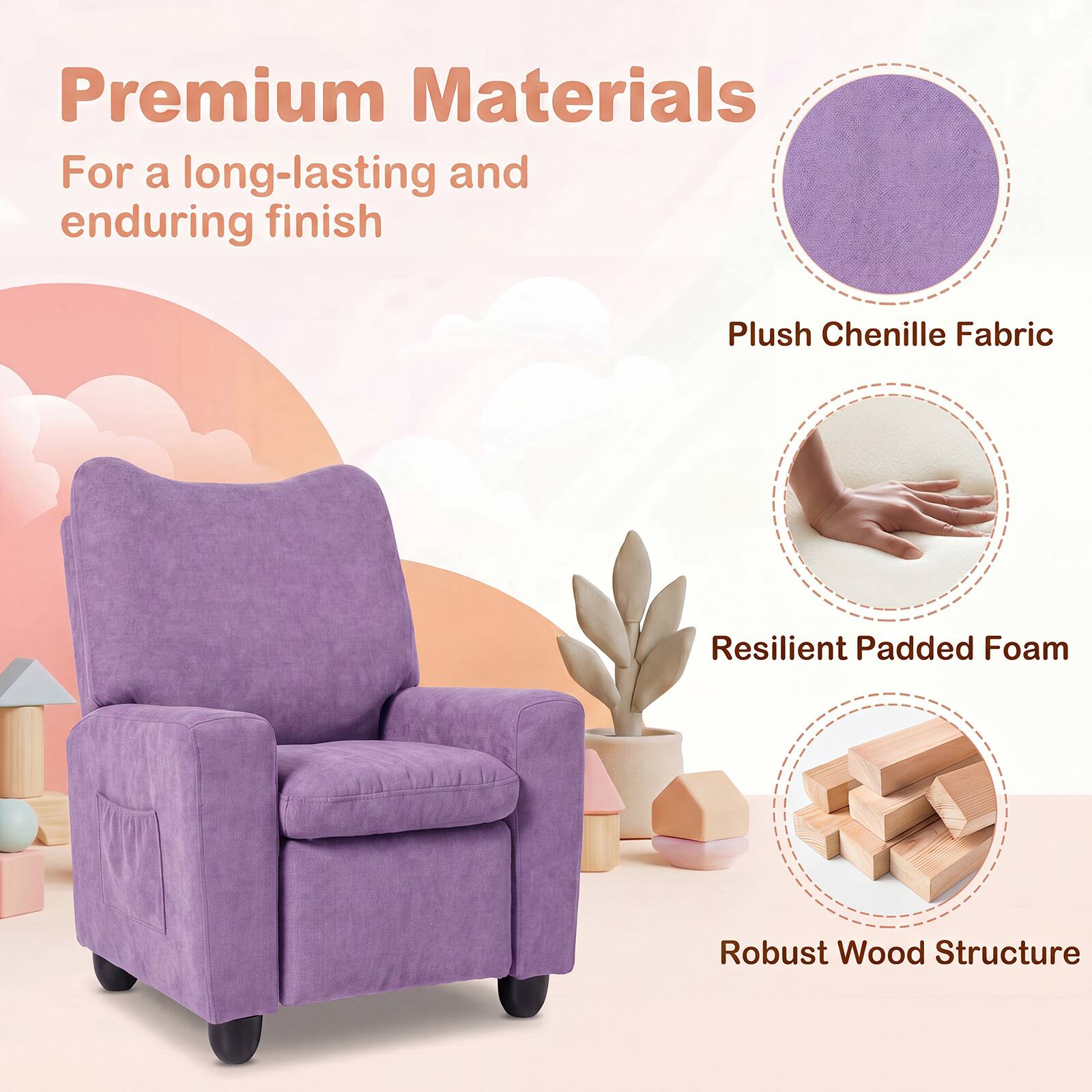 Premium Materials  
For a long-lasting and enduring finish

- Plush Chenille Fabric
- Resilient Padded Foam
- Robust Wood Structure