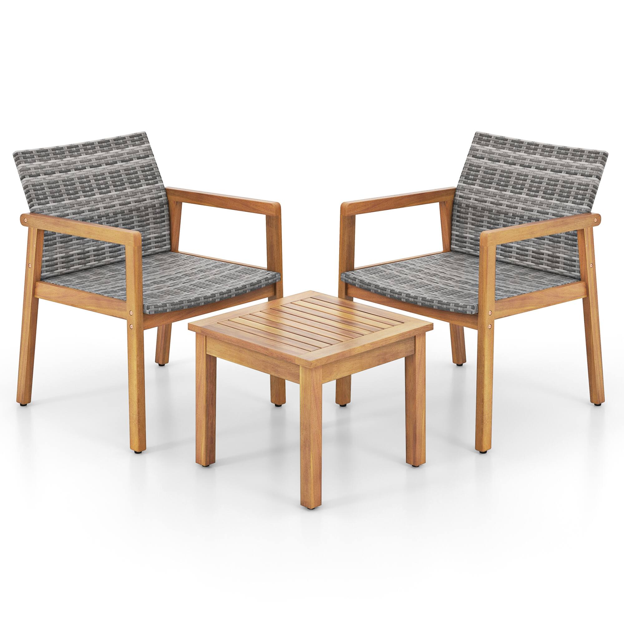 Alt View 8. Costway - Costway 3 PCS Outdoor Furniture Set, Acacia Wood Frame Sofa Set with Rattan Seat - Gray.