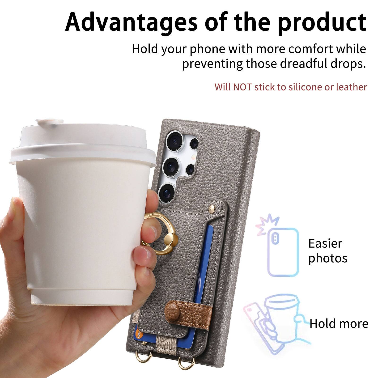 Advantages of the product

- Hold your phone with more comfort while preventing those dreadful drops.
- Will NOT stick to silicone or leather
- Easier photos
- Hold more