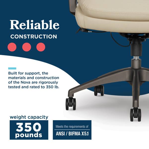 Reliable CONSTRUCTION

Built for support, the materials and construction of the Nova are rigorously tested and rated to 350 lb. weight capacity.

350 pounds

Meets the requirements of ANSI / BIFMA X5.1