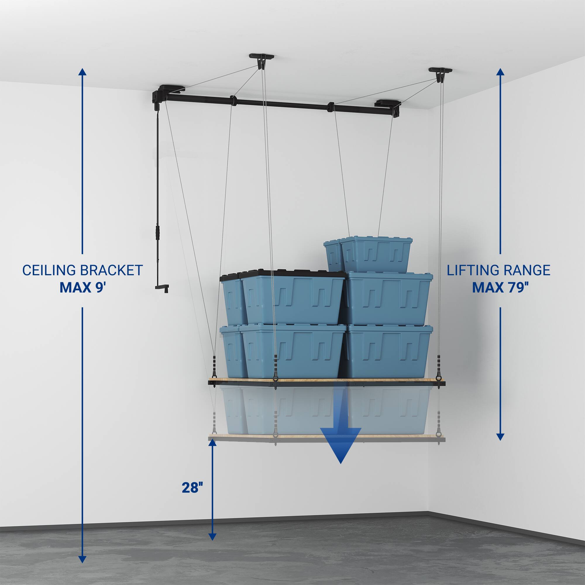 CEILING BRACKET  
MAX 9'  

LIFTING RANGE  
MAX 79"  

28"