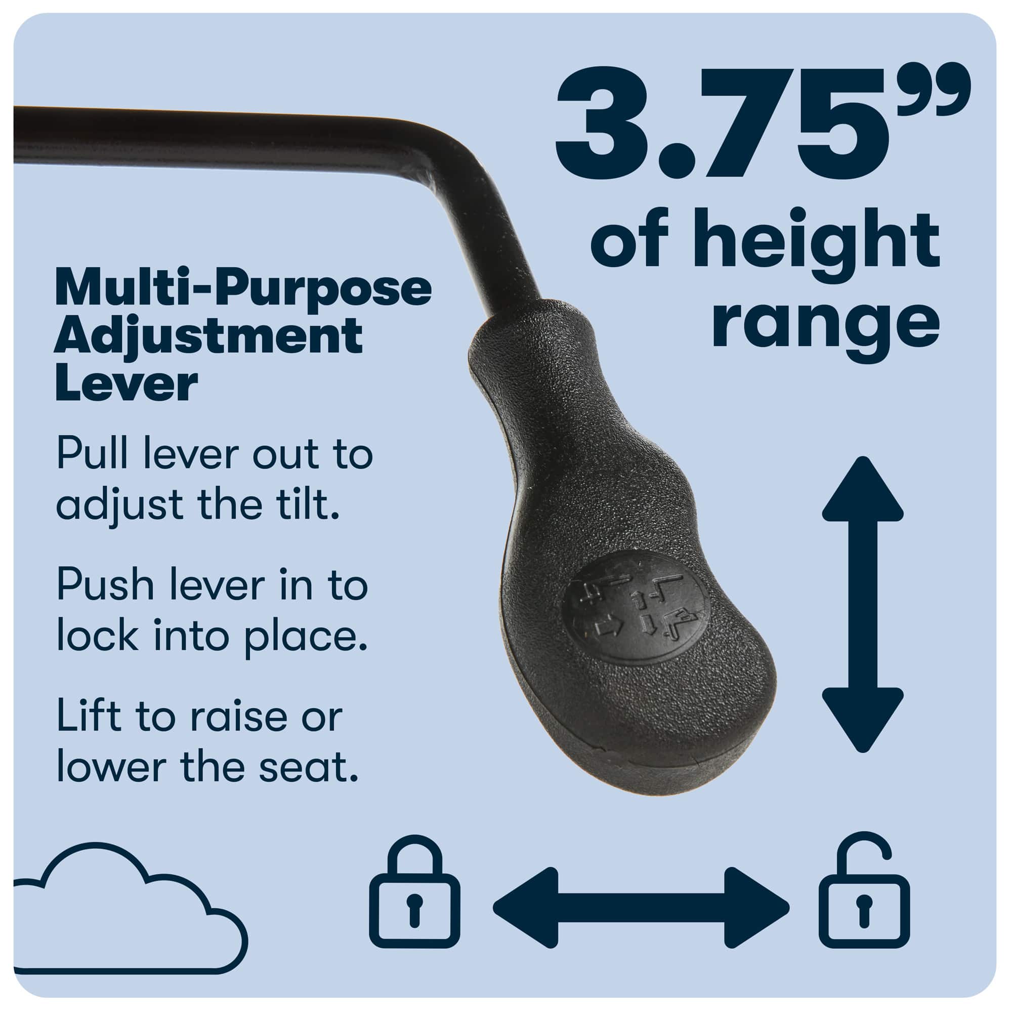 The image features a black lever with the text "3.75" of height Multi-Purpose Adjustment range Lever Pull lever out to adjust the tilt. Push lever in to lock into place. Lift to raise or lower the seat." The lever is shown in a close-up view, and the text is placed around it to emphasize its purpose and adjustment range.