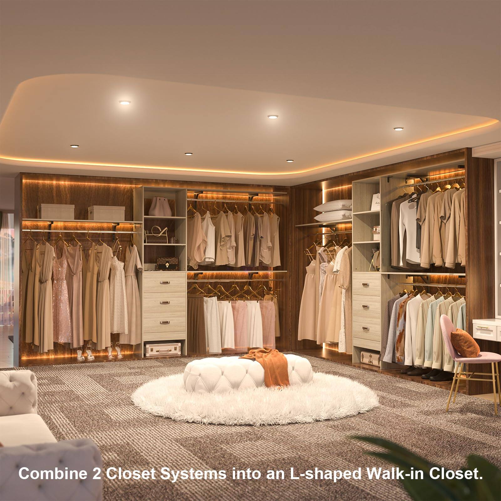 Combine 2 Closet Systems into an L-shaped Walk-in Closet.