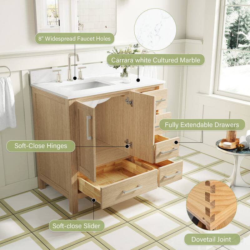 8" Widespread Faucet Holes  
Carrara white Cultured Marble  
Fully Extendable Drawers  
Soft-Close Hinges  
Soft-close Slider  
Dovetail Joint