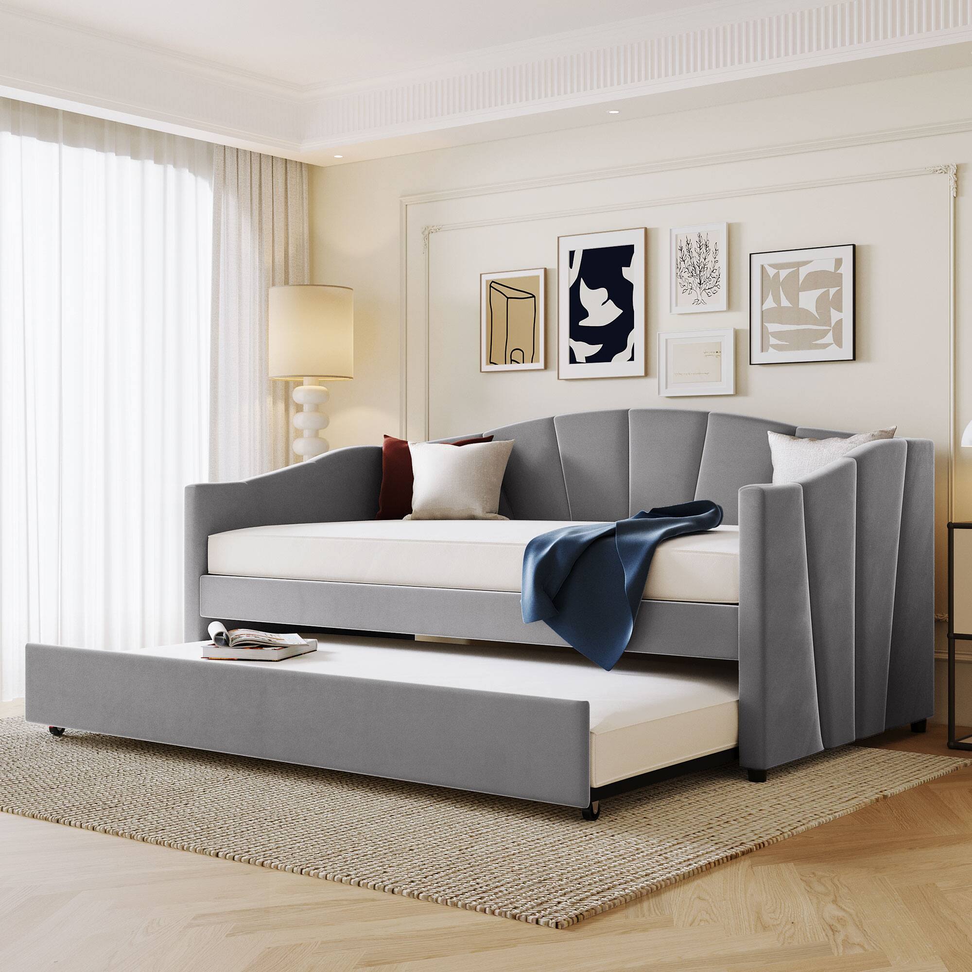 Front. Tiramisubest - Upholstered Daybed Sofa Bed Twin Size With Trundle Bed and Wood Slat ,Gray - Gray.