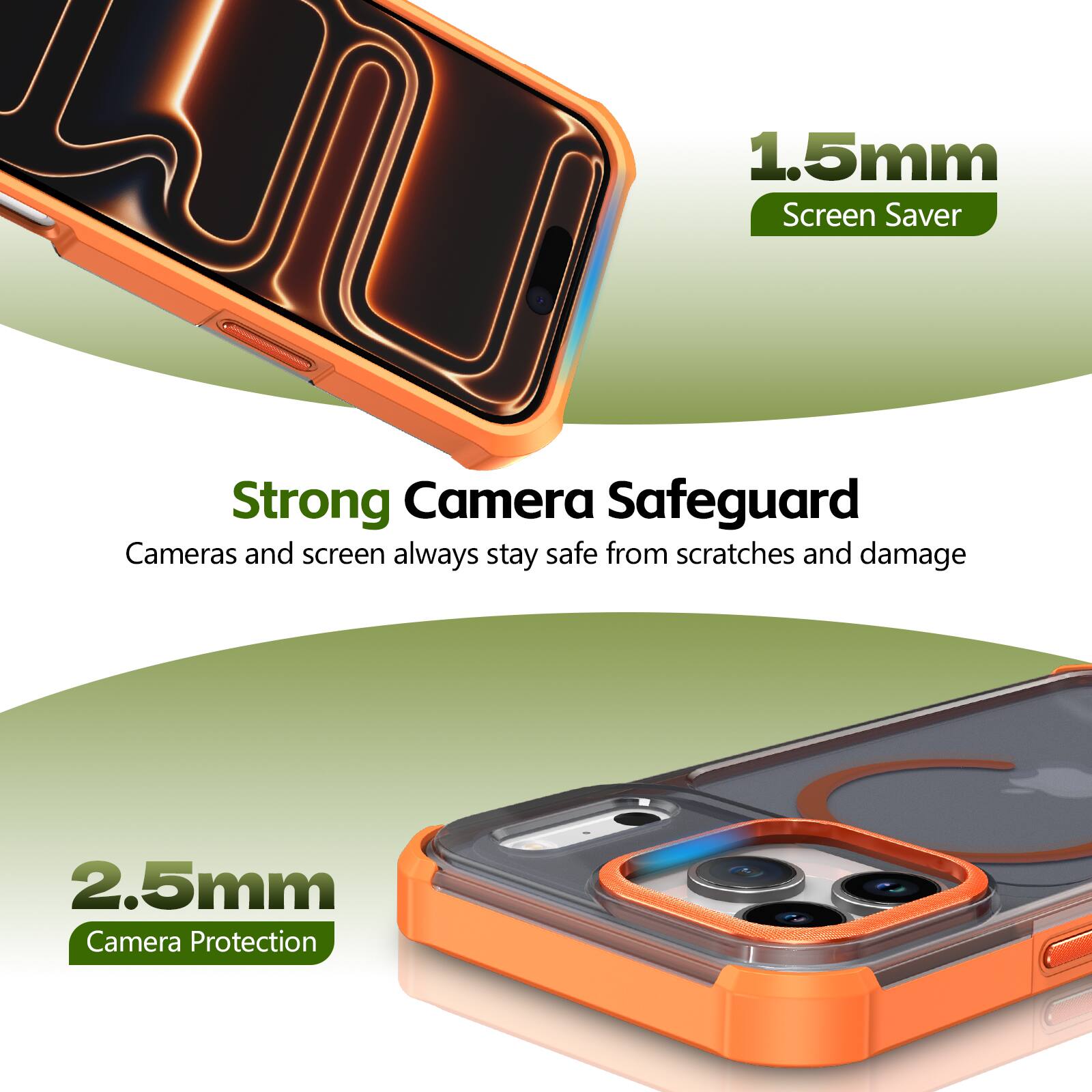 1.5mm Screen Saver  
Strong Camera Safeguard  
Cameras and screen always stay safe from scratches and damage  

2.5mm Camera Protection