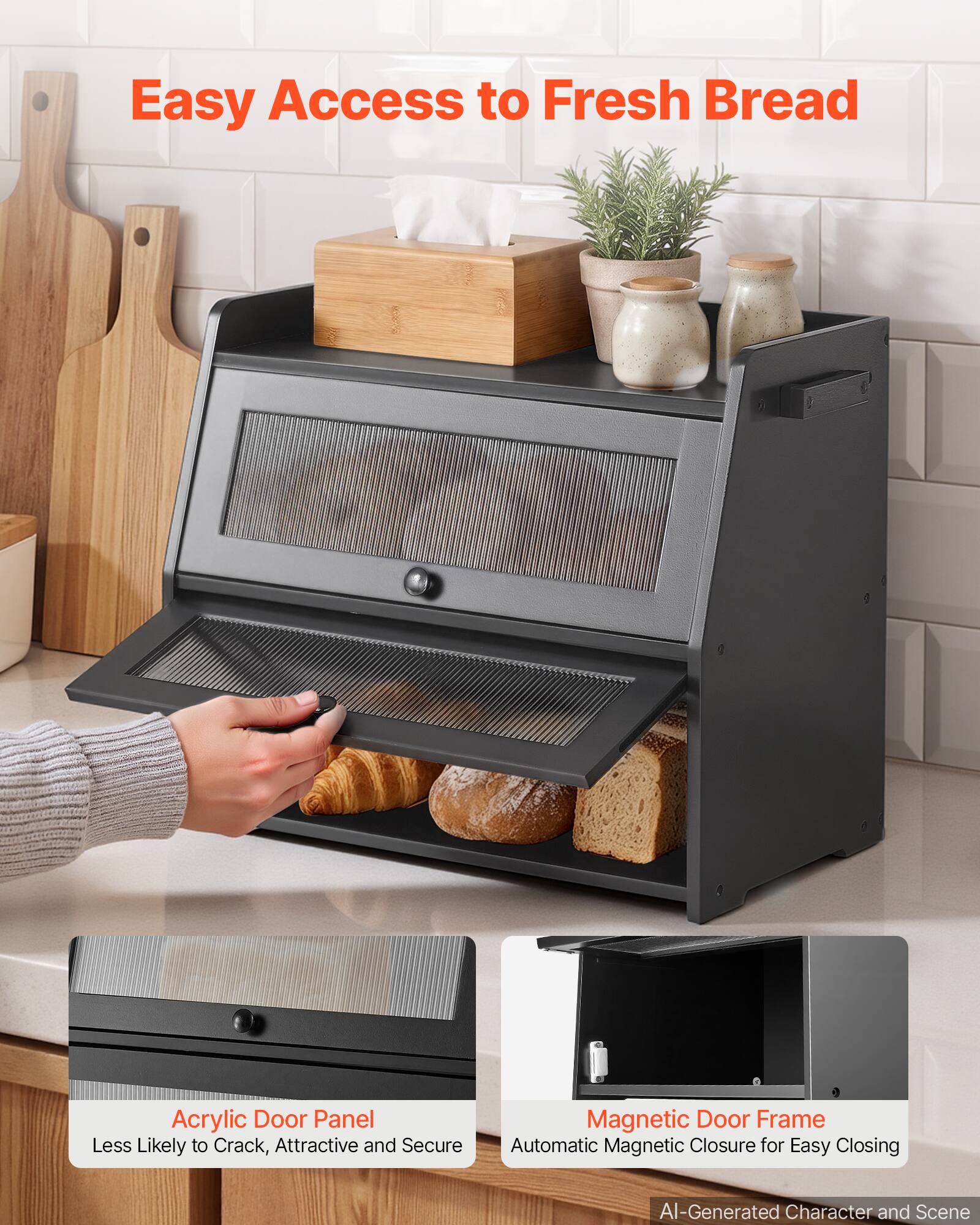 Easy Access to Fresh Bread

Acrylic Door Panel
Less Likely to Crack, Attractive and Secure

Magnetic Door Frame
Automatic Magnetic Closure for Easy Closing

AI-Generated Character and Scene