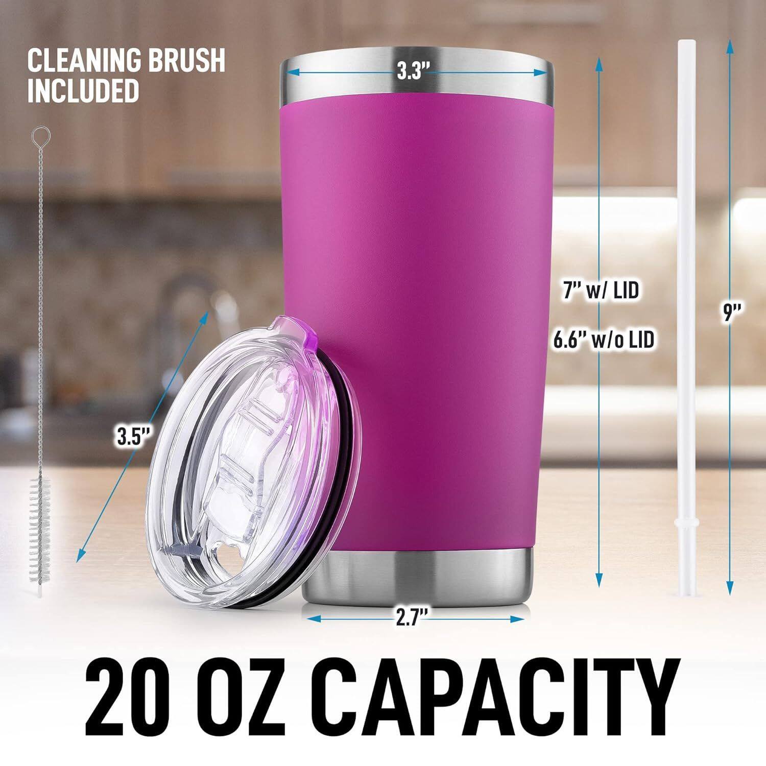 CLEANING BRUSH INCLUDED

3.3"  
7" w/ LID  
6.6" w/o LID  
9"  
3.5"  
2.7"  
20 OZ CAPACITY