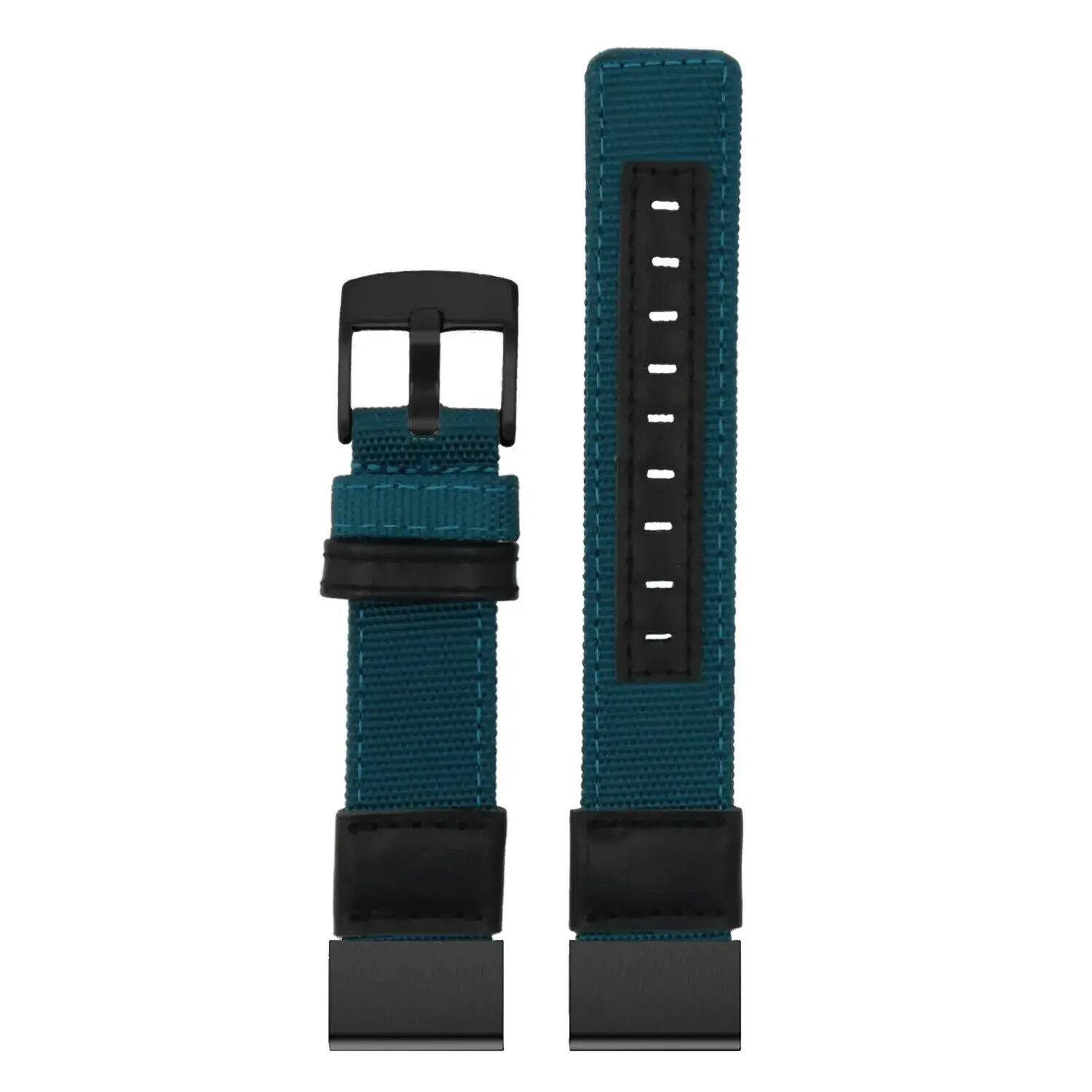 Left. StrapsCo - Rugged Canvas Band QuickFit 26 Watch Strap For Garmin Fenix 7X & 7X Pro (Extra Long) - Teal.