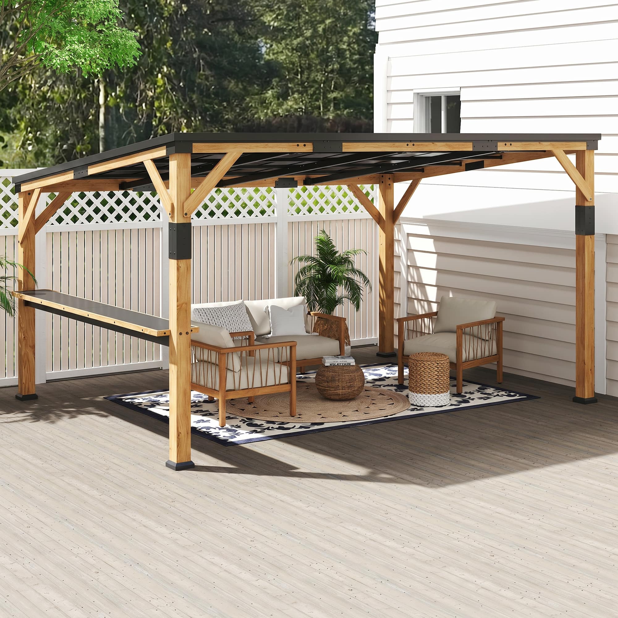 Outsunny x 14' Wooden Gazebo, Hardtop Lean to Gazebo Pergola with