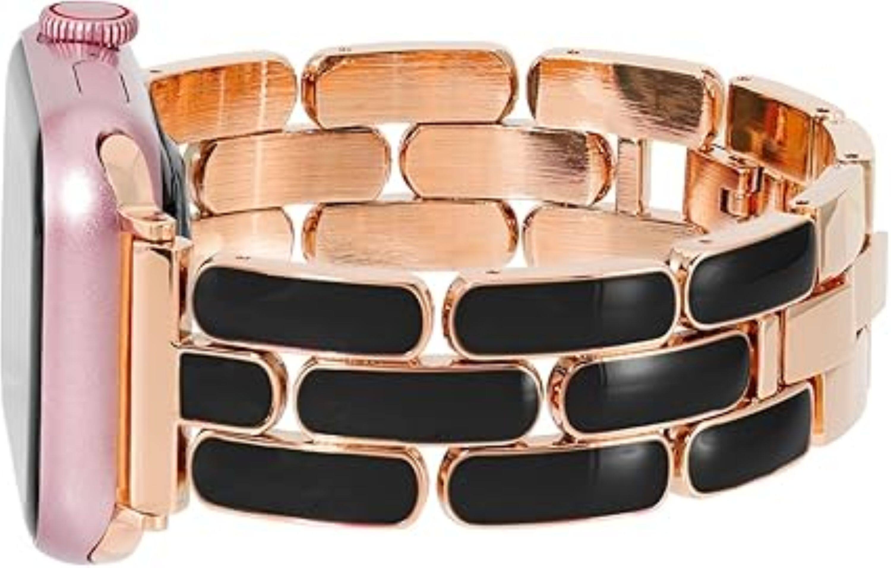 Angle. Anne Klein - Gold-Tone Bracelet with Black Enamel & Gold-Tone Lugs – Fits 42/44/45mm and Ultra (49mm) Apple Watch - Gold/Black.
