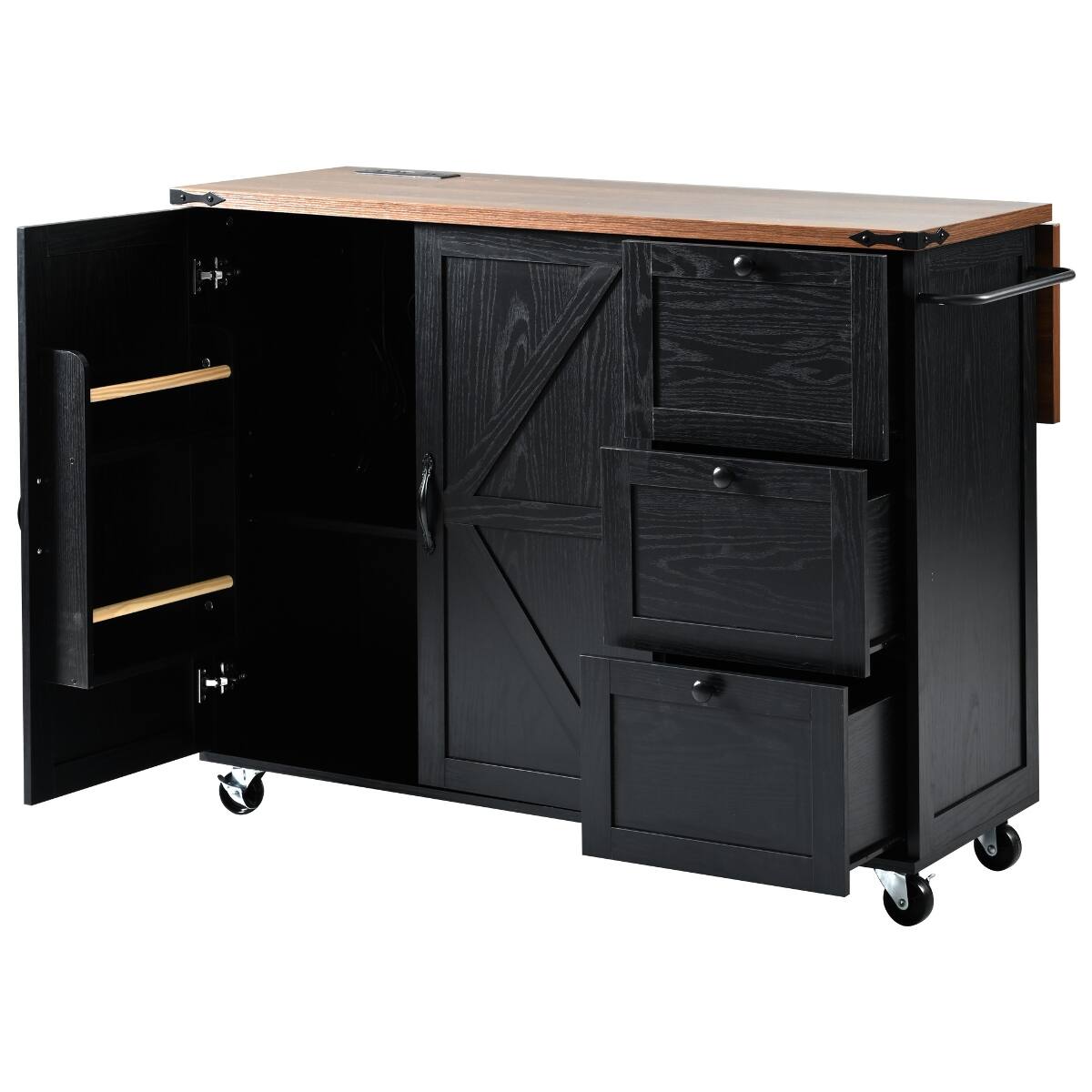 Alt View 9. Loheer - Loheer 54.5" Farmhouse Kitchen Island with Power Outlet, Drop Leaf, Rolling Kitchen Cart on Wheels, Black - Black.