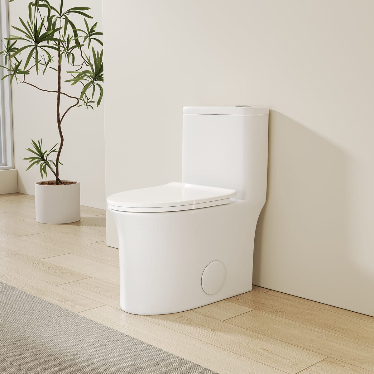 Bothwa Home - 14.37" W One-Piece Elongated Comfort Height Toilet, Dual Flush, Soft-Close Seat, Skirted Trapway, Space-Saving - White