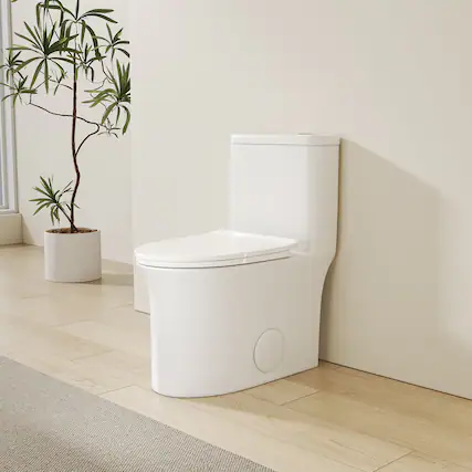 Front. Bothwa Home - 14.37" W One-Piece Elongated Comfort Height Toilet, Dual Flush, Soft-Close Seat, Skirted Trapway, Space-Saving - White.