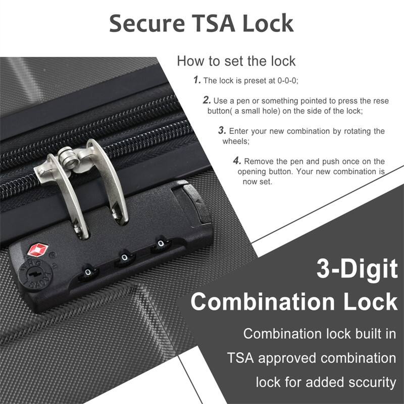 Secure TSA Lock

How to set the lock
1. The lock is preset at 0-0-0;
2. Use a pen or something pointed to press the reset button (a small hole) on the side of the lock;
3. Enter your new combination by rotating the wheels;
4. Remove the pen and push once on the opening button. Your new combination is now set.

3-Digit Combination Lock
Combination lock built in TSA approved combination lock for added security
