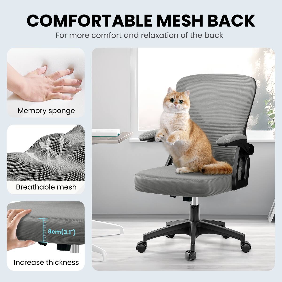 COMFORTABLE MESH BACK  
For more comfort and relaxation of the back  

Memory sponge  
Breathable mesh  
Increase thickness  
8cm (3.1")