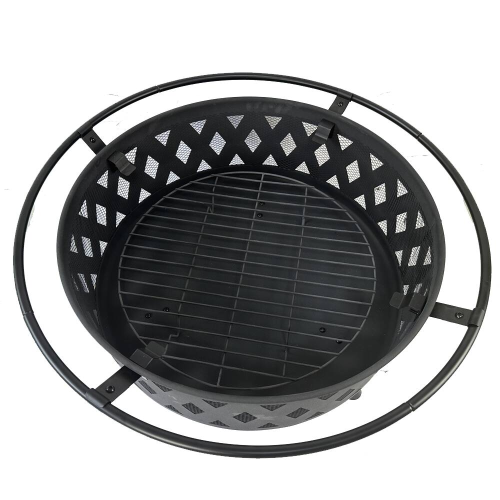 Left. APRILSOUL - Round Fire Pit with Net Cover Fire Poker Diamond Mesh Metal Wood Burning Outdoor - Black.