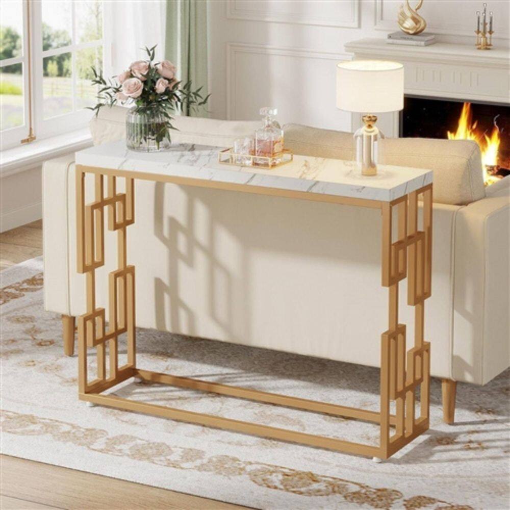 Angle. Hivvago - 42-inch Modern Console Sofa Table with White Faux Marble Top and Gold Frame - White, Gold.