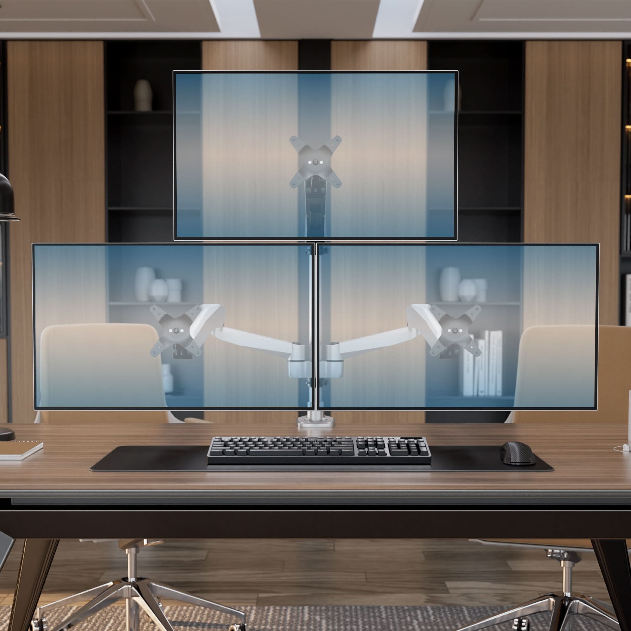 Back. Mount-It! - CLiX Series Articulating Triple Pyramid Monitor Desk Mount – Full Motion Stand for Three Screens, Height Adjustable - Silver.