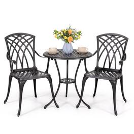 Nuu Garden - 24 Inch Cast Aluminum Bistro Table with Umbrella Hole and 2 Bistro Chairs - Black