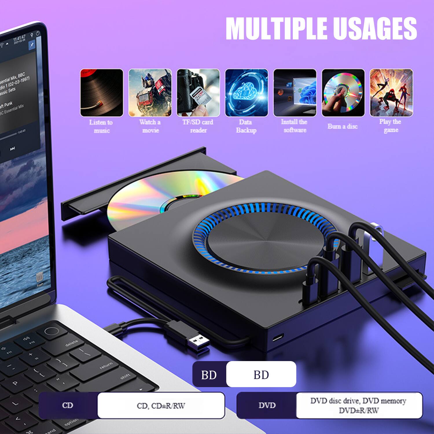 **MULTIPLE USAGES**

- Listen to music
- Watch a movie
- TF/SD card reader
- Data Backup
- Install the software
- Burn a disc
- Play the game

**Supported Discs:**
- CD, CD+R/RW
- DVD disc drive, DVD memory DVD+R/RW
- BD