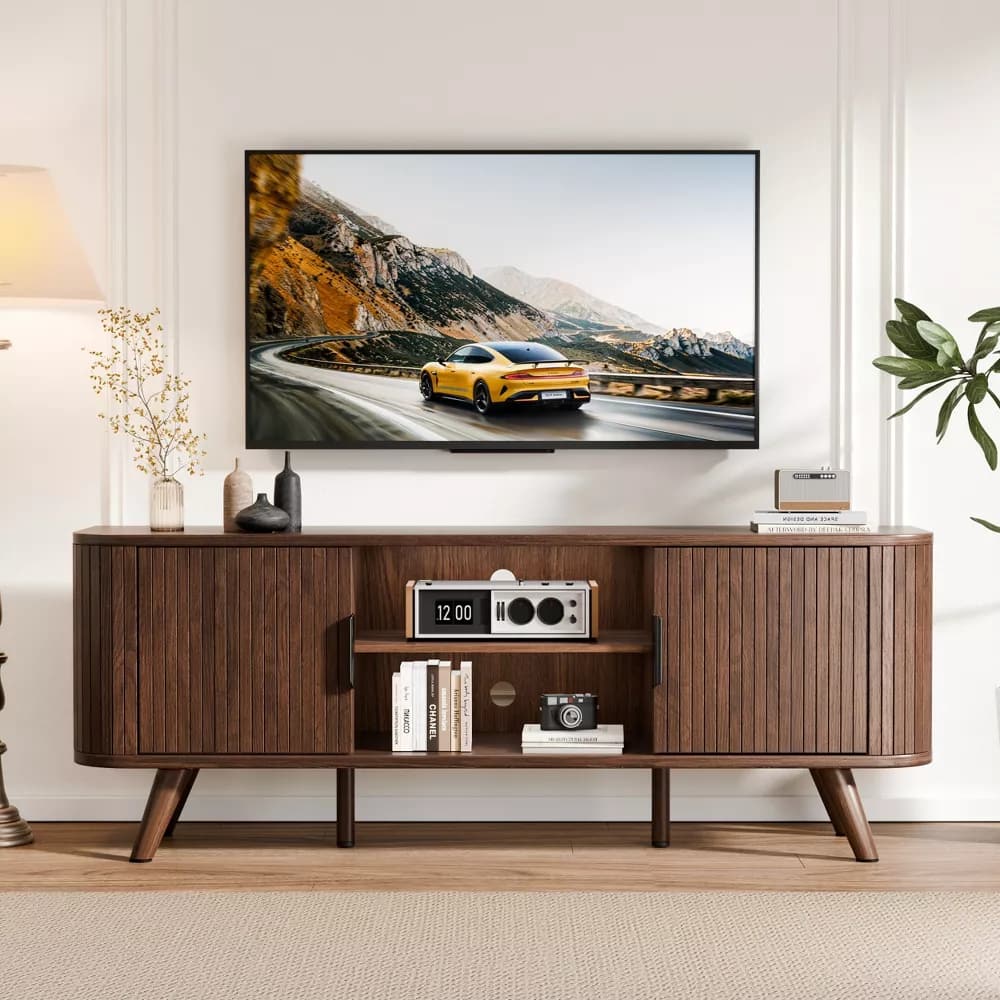 Furnulem - 55 Inch Fluted TV Stand 3 Door Media Console with Adjustable Shelves - Brown