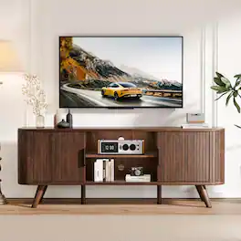 Furnulem - 55 Inch Fluted TV Stand 3 Door Media Console with Adjustable Shelves - Brown