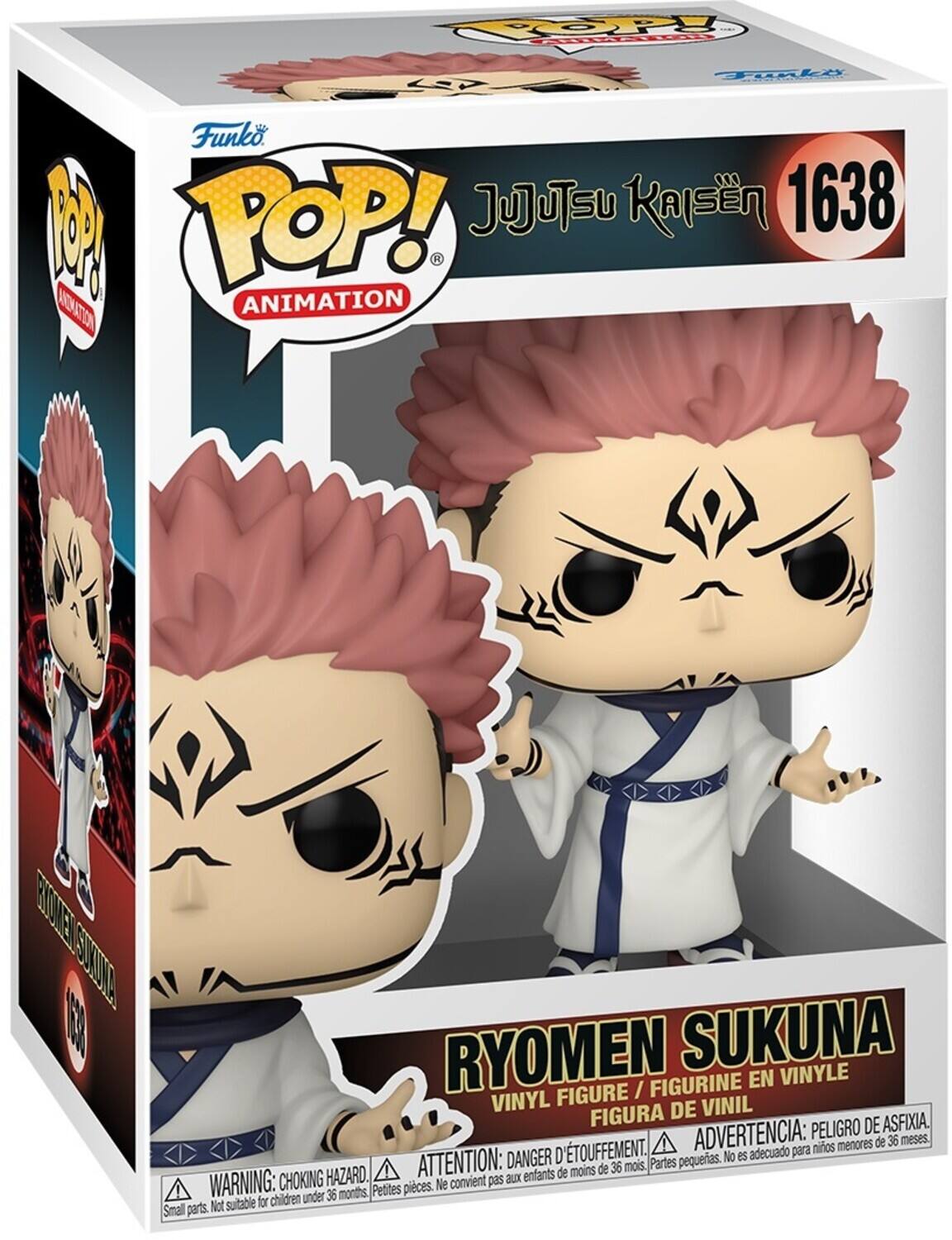 Sure, here is the corrected and grouped text from the image:

---

**Funko POP! Animation**

**Jujutsu Kaisen 1638**

**Ryomen Sukuna**

**Vinyl Figure / Figurine en Vinyle / Figura de Vinil**

**Warning: Choking Hazard. Small parts. Not suitable for children under 36 months.**

**Attention: Danger d'étouffement. Petites pièces. Ne convient pas aux enfants de moins de 36 mois.**

**Advertencia: Peligro de asfixia. Partes pequeñas. No es adecuado para niños menores de 36 meses.**

---

This text is organized to reflect the information on the packaging accurately.