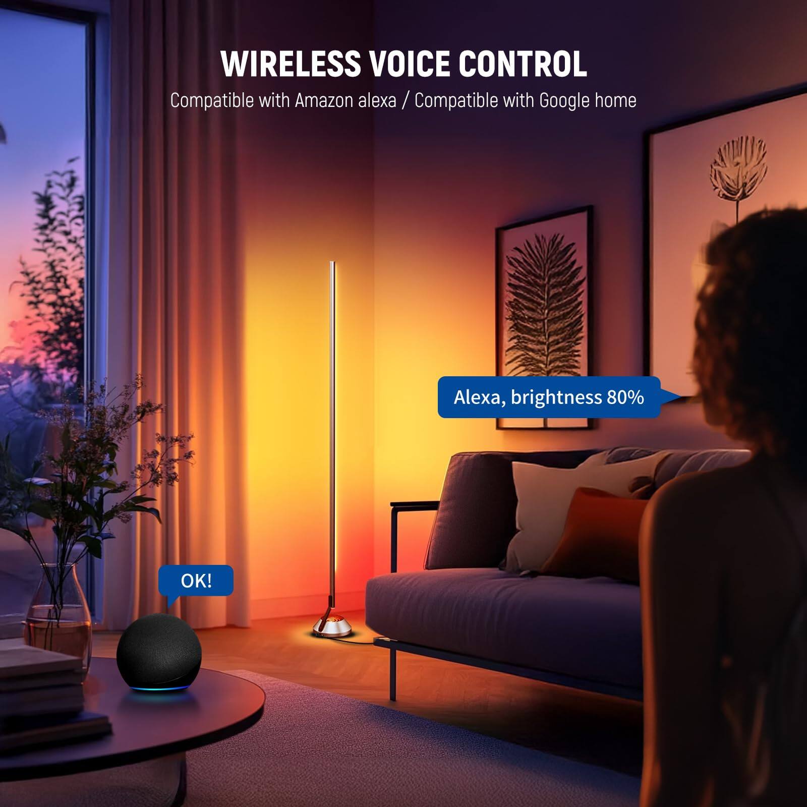WIRELESS VOICE CONTROL  
Compatible with Amazon Alexa / Compatible with Google Home  

Alexa, brightness 80%  
OK!