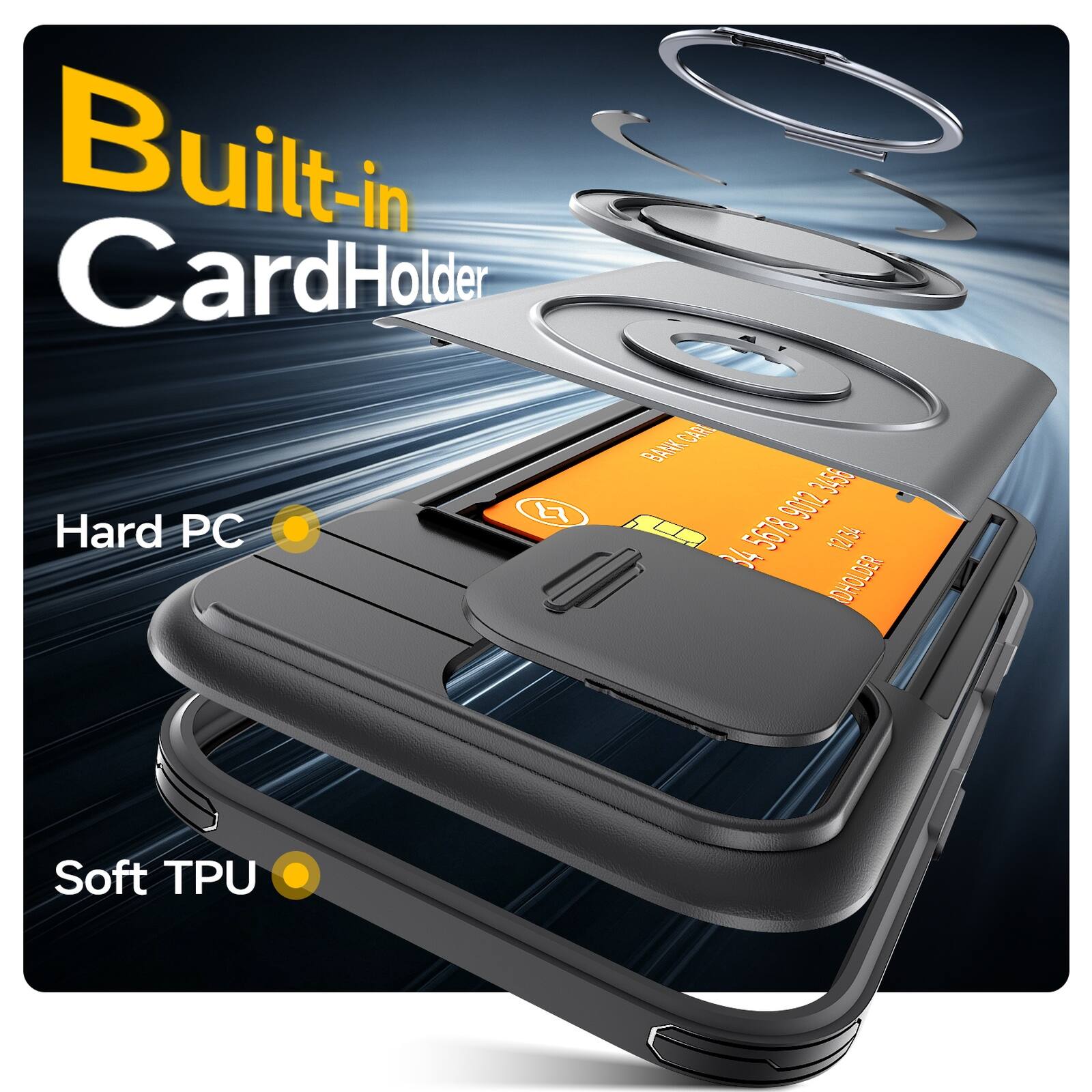 Built-in CardHolder  
BANK CAA 9012 3455 E  
Hard PC 5678 12/54 = 34 J  
Soft TPU