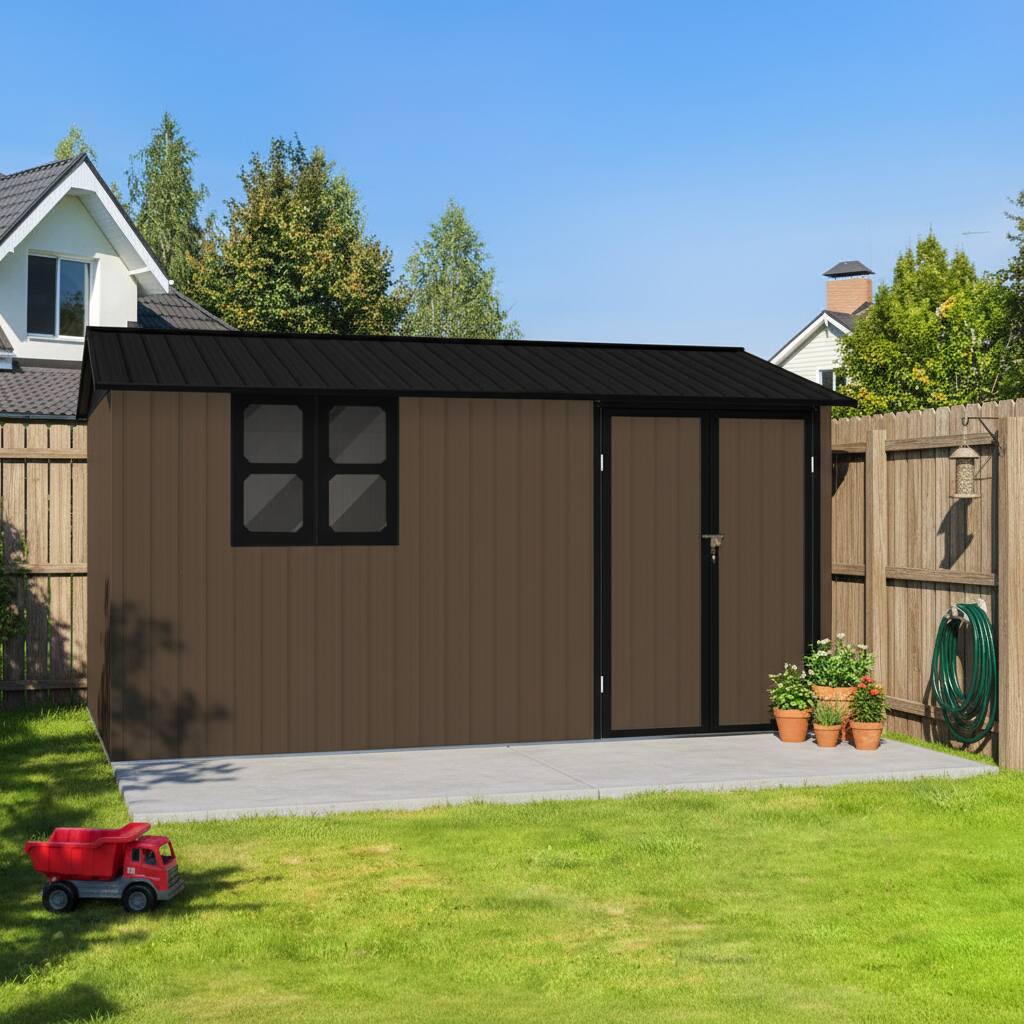 Angle. Anysun - 12x10ft Metal Garden Shed with Window, Shelves & Foldable Worktable, Outdoor Storage with Apex Roof & Locking Door - Brown.
