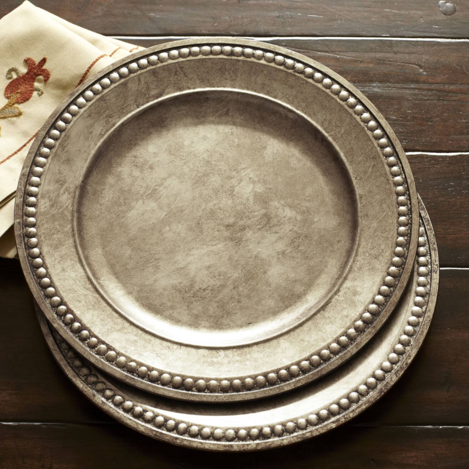 Left. American Atelier - Silver Beaded Charger Plates Set Of 4 14"D - Silver.