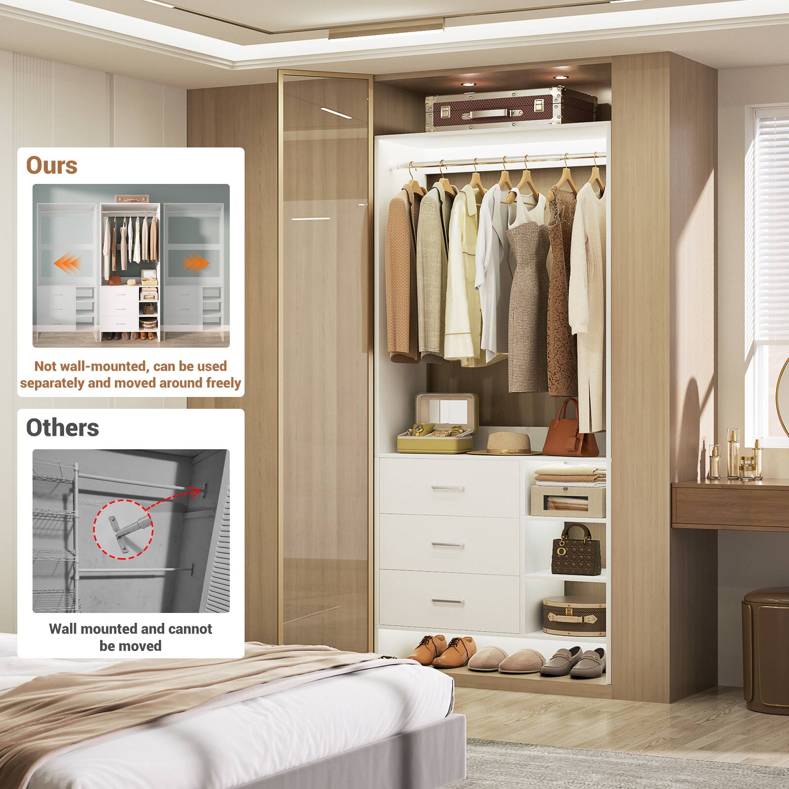 Ours: Not wall-mounted, can be used separately and moved around freely

Others: Wall mounted and cannot be moved