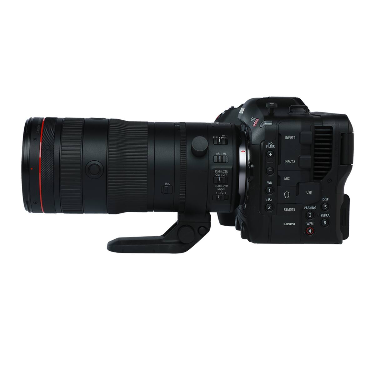I ESS  
FULL 190  
INPUT1  
ND FILTER  
AF MF  
+  
INPUT2  
RS  
STABILIZER 0%g OFF STABILIZER MODE hir3  
- WB 1  
MIC  
USB  
DISP  
2  
REMOTE  
PEAKING 5 3 ZEBRA  
HDMI  
WFM  
6  
4