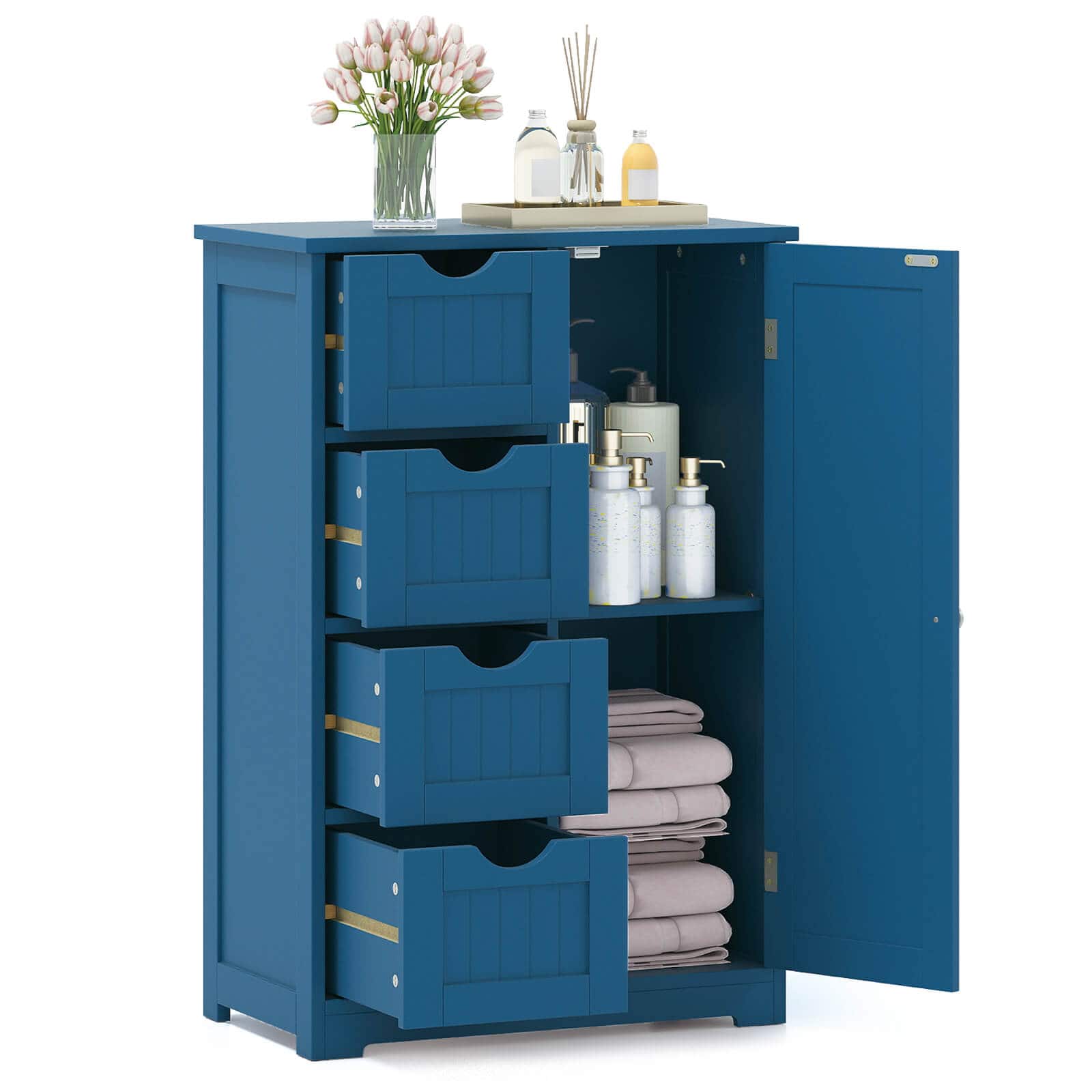 Costway - Wooden 4 Drawer Free Standing Bathroom Floor Cabinet Storage Cupboard Adjustable - Blue