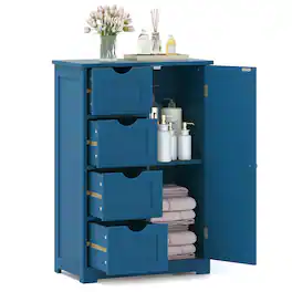 Costway - Wooden 4 Drawer Free Standing Bathroom Floor Cabinet Storage Cupboard Adjustable - Blue
