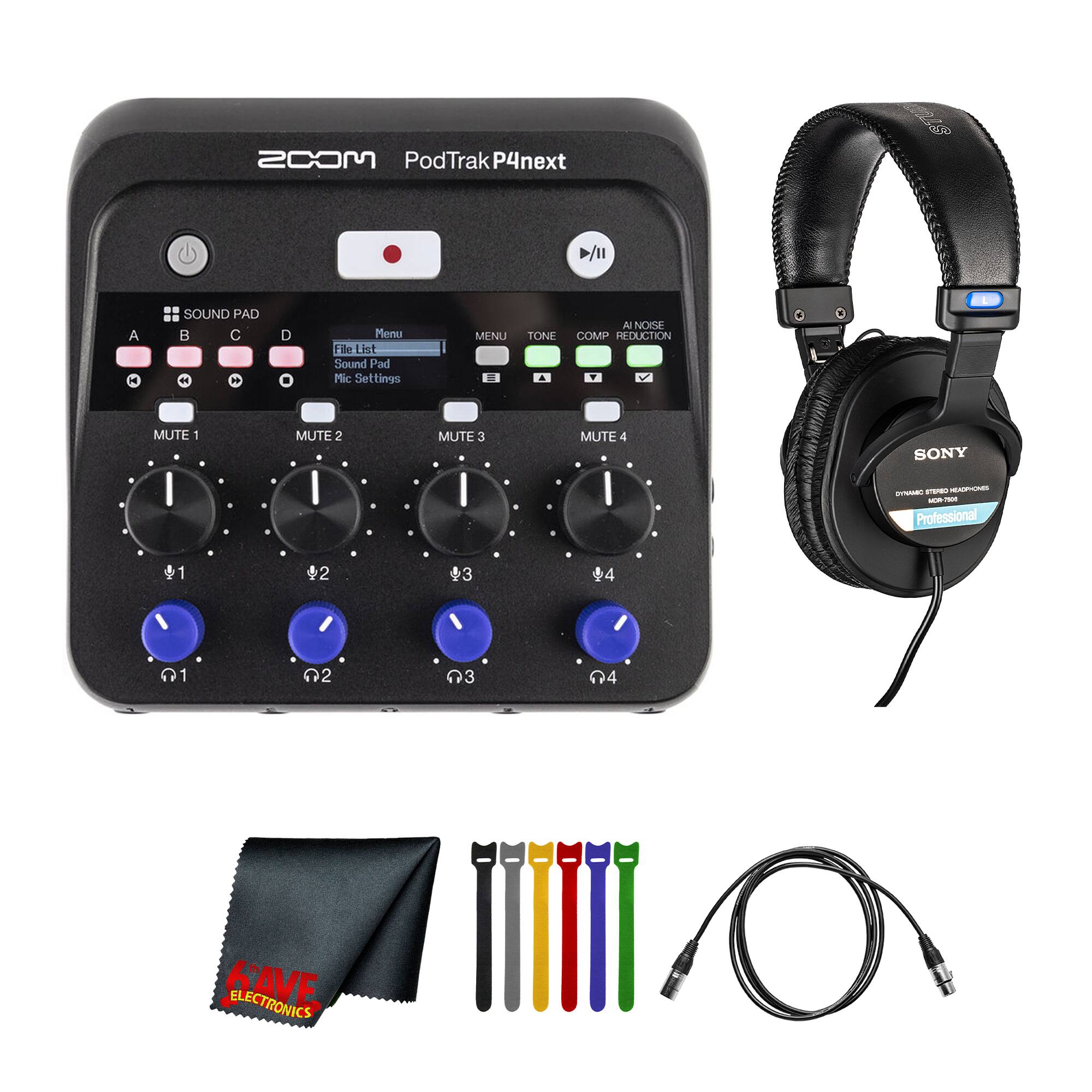 ZOOM PodTrak P4next

SOUND PAD
A B C D

MENU
File List
Sound Pad
Mic Settings

TONE
COMP
REDUCTION
MUTE 1 MUTE 2 MUTE 3 MUTE 4

SONY MDR-7506 Professional

SAVE ELECTRONICS