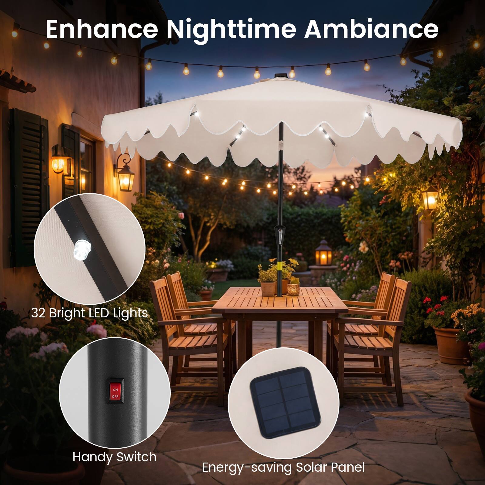 Enhance Nighttime Ambiance

- 32 Bright LED Lights
- Handy Switch
- Energy-saving Solar Panel