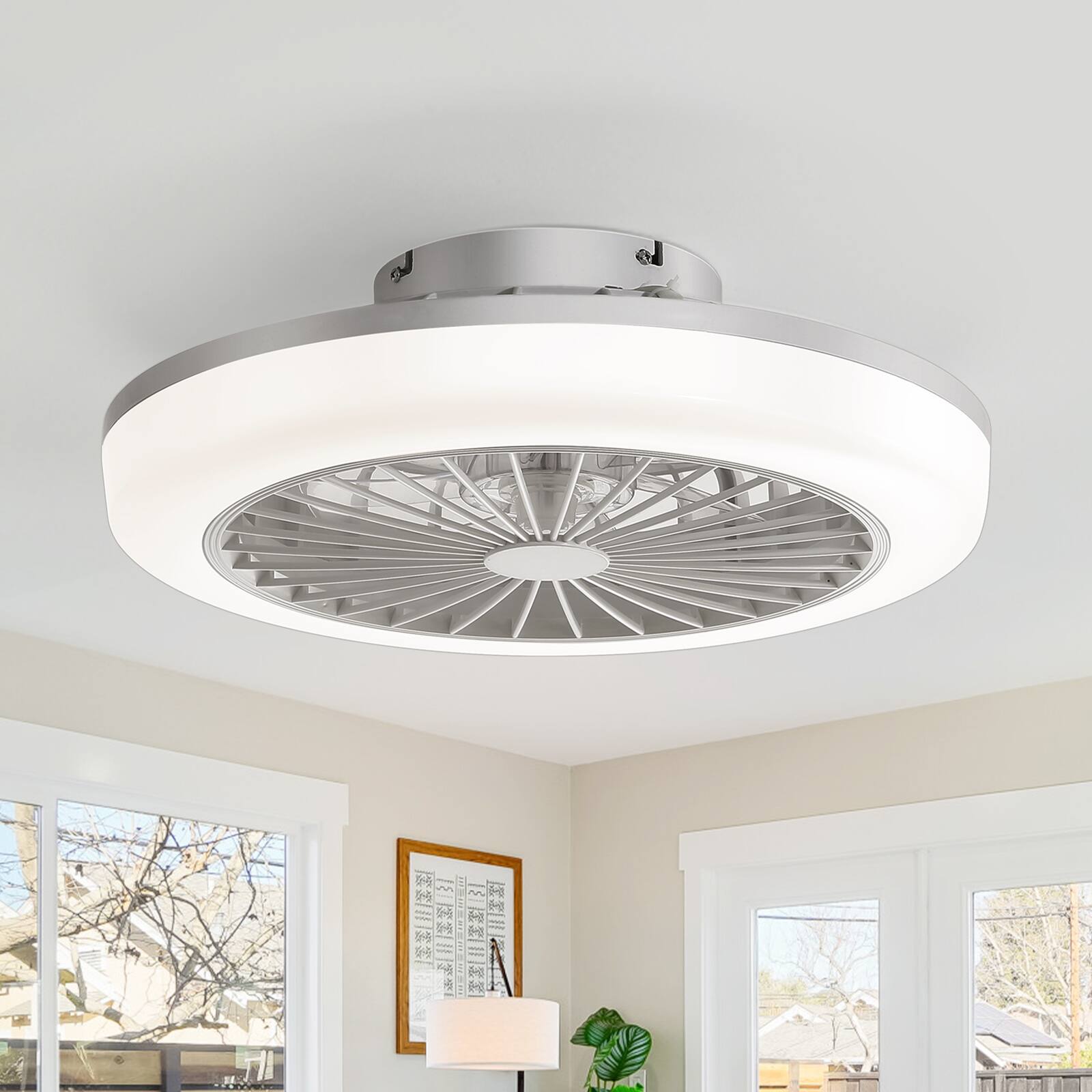 Alt View 4. Sofucor - 18 Inch Bladeless Flush Mount Ceiling Fan with Lights Wind Speed Remote Control Dimmable & 3 Color Light - White.