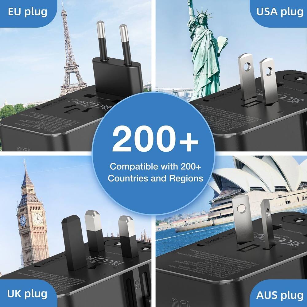 EU plug  
USA plug  
UK plug  
AUS plug  

200+  
Compatible with 200+ Countries and Regions