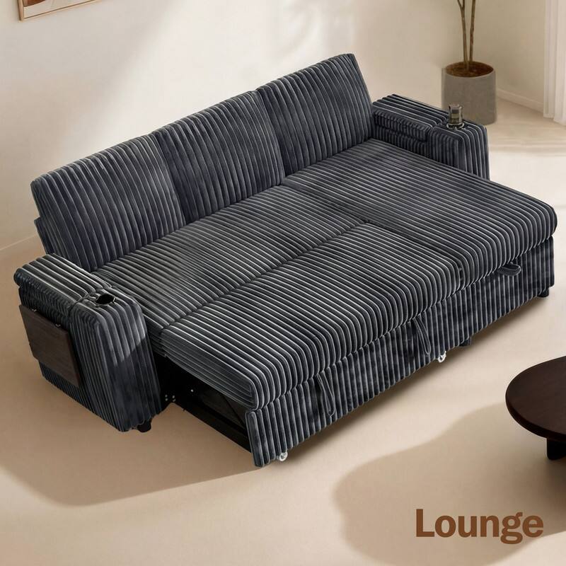 Left. Dyonery - 85" Modular Sectional Sofa with Pull Out Bed,Corduroy Fabric 3 Seat Sectional Sofa with Storage,for Living Room - Dark Dray.