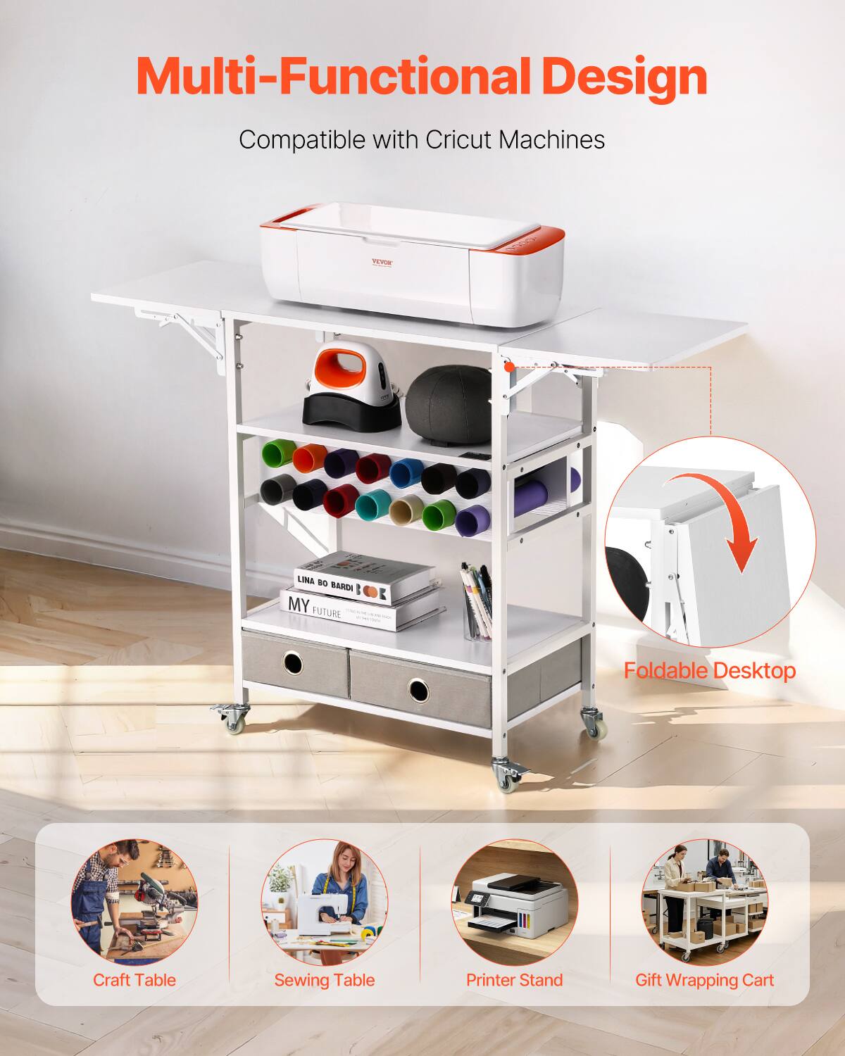 Multi-Functional Design  
Compatible with Cricut Machines  

Foldable Desktop  

Craft Table  
Sewing Table  
Printer Stand  
Gift Wrapping Cart