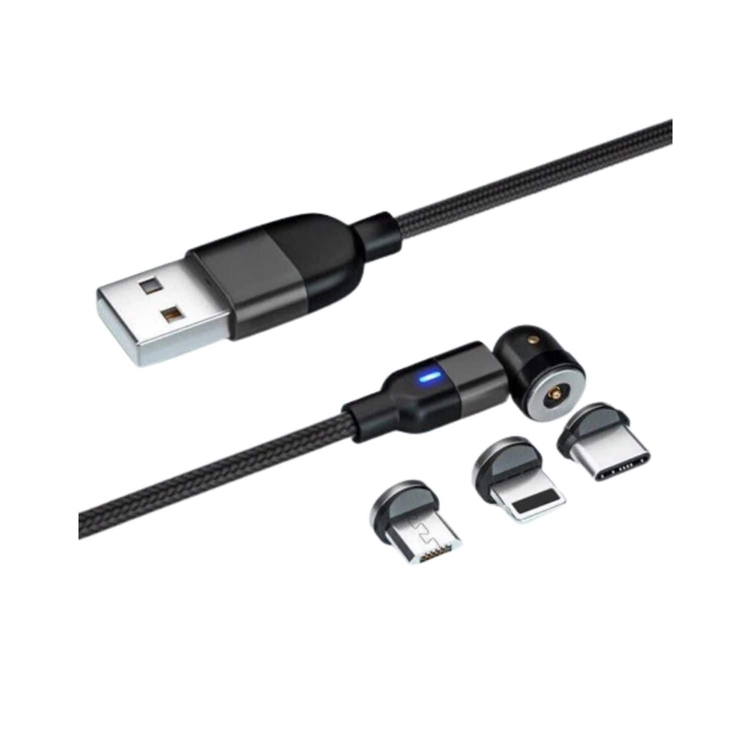 Home Collection - 540° Rotating Magnetic Charging Cable (3ft) – 3-in-1 Fast Charger with Type-C, Micro-USB & iOS Magnetic Plugs - Black