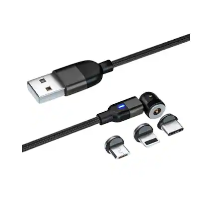 Front. Home Collection - 540° Rotating Magnetic Charging Cable – 6ft (2M) Fast Charger with 3 Magnetic Plugs (Type-C, Micro-USB, iOS) - Black.