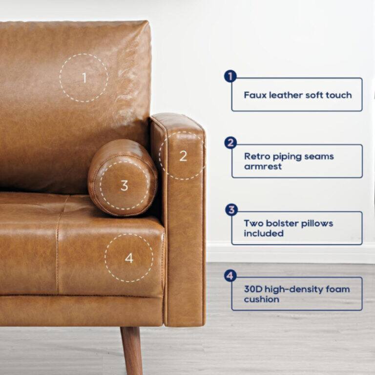 1. Faux leather soft touch
2. Retro piping seams armrest
3. Two bolster pillows included
4. 30D high-density foam cushion
