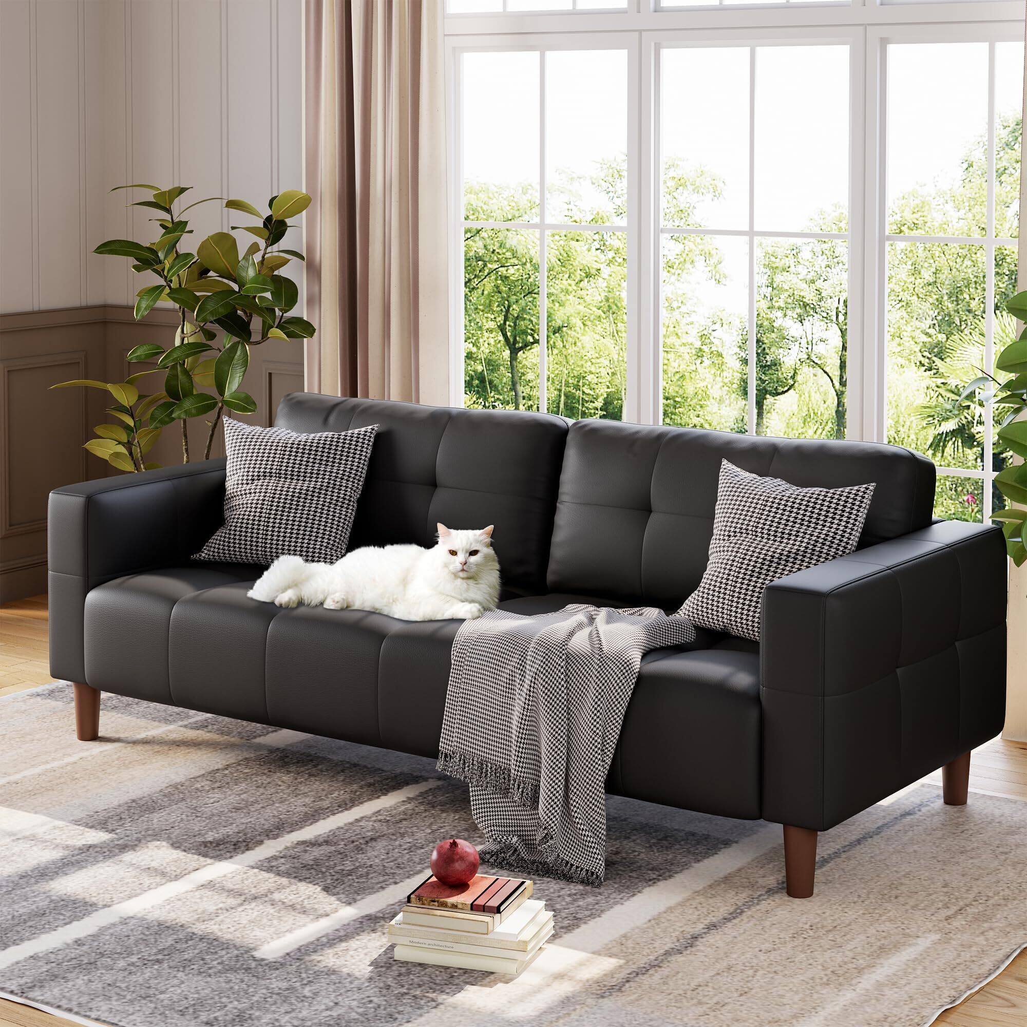 Front. Jojoka - 3-Seater Sofa Couch, 83" Wide Faux Leather Sofa Couch with Spring Cushion, - Black.