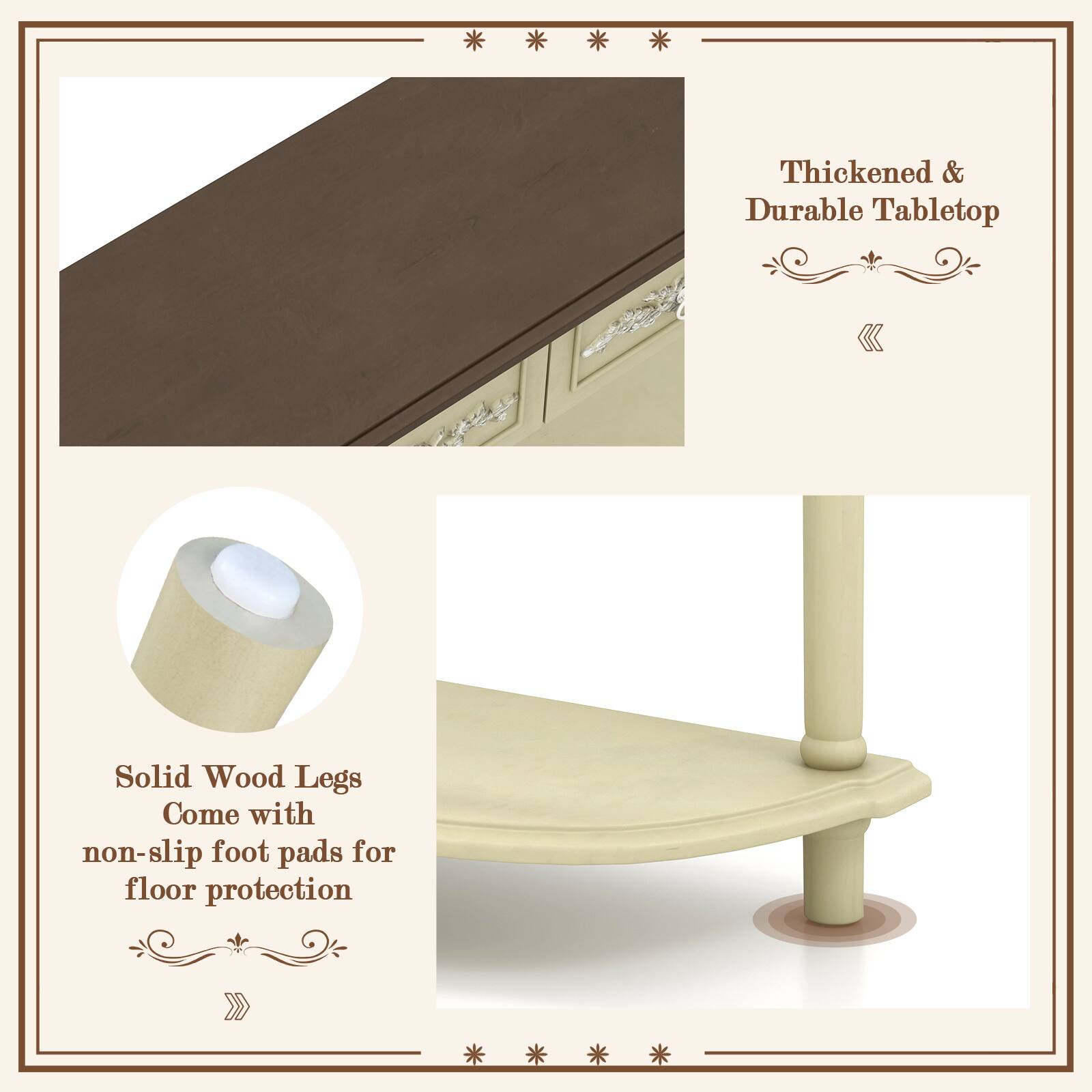 Thickened & Durable Tabletop
Solid Wood Legs Come with non-slip foot pads for floor protection
